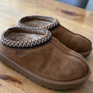 UGG Tan Suede Slippers with Woven Trim